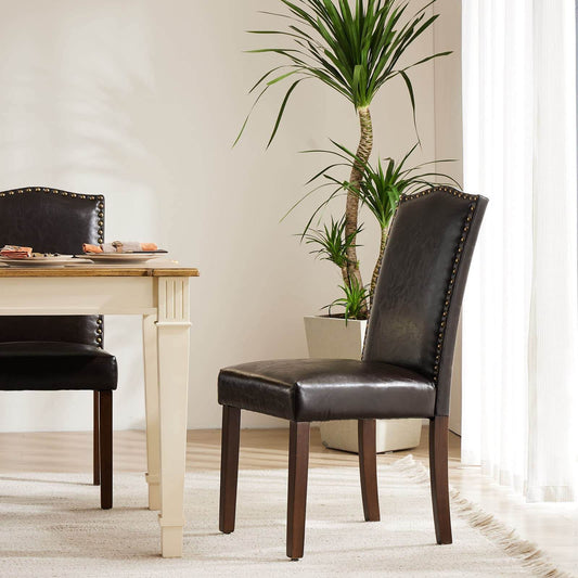 2 Piece Set of Dining Chairs ,  Premium leather cushion, Nailhead Trim, Wood Legs, Dining Room Kitchen Side Chair for Bedroom, Living Room, Dining Room