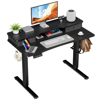Electric Height Adjustable Standing Desk with Storage Shelf Double Drawer,  Sit to Stand Ergonomic Computer Desk