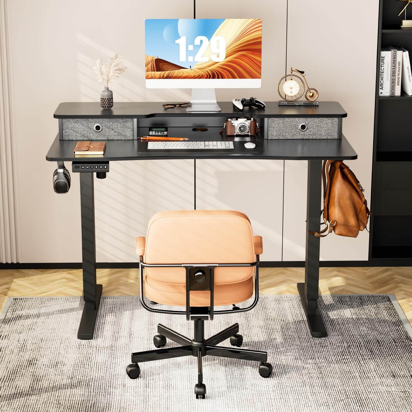 Electric Height Adjustable Standing Desk with Storage Shelf Double Drawer,  Sit to Stand Ergonomic Computer Desk