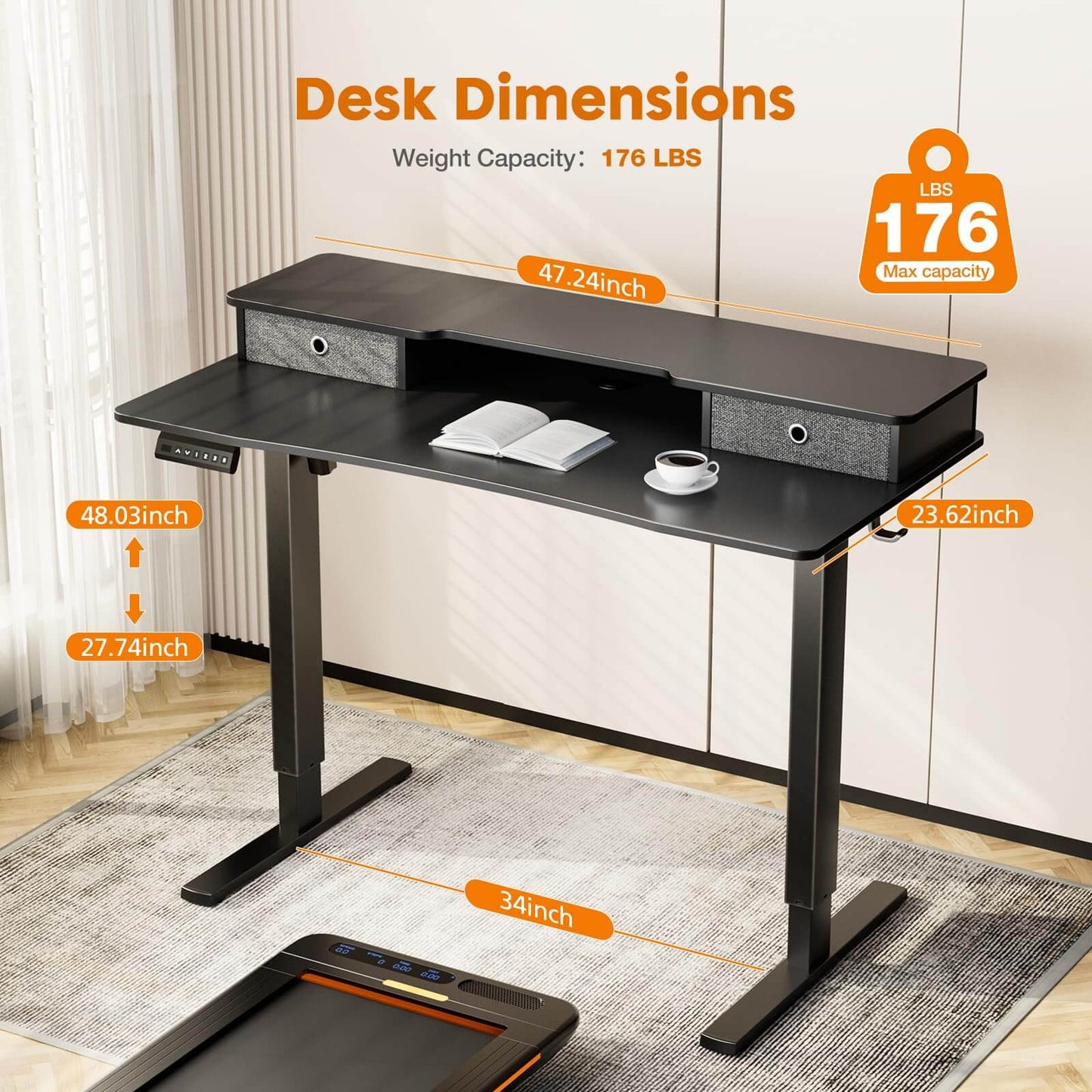 Electric Height Adjustable Standing Desk with Storage Shelf Double Drawer,  Sit to Stand Ergonomic Computer Desk