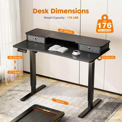 Electric Height Adjustable Standing Desk with Storage Shelf Double Drawer,  Sit to Stand Ergonomic Computer Desk