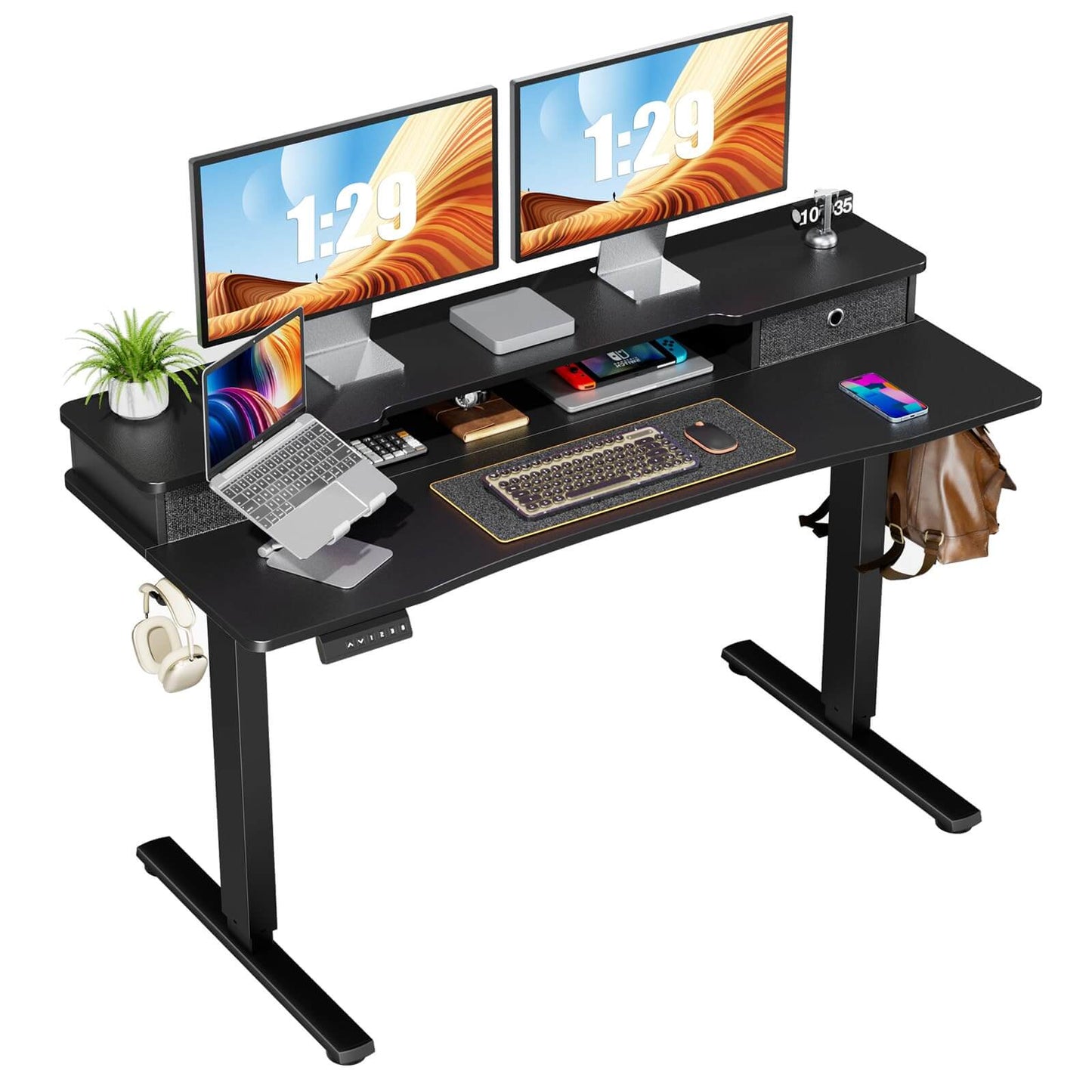 Electric Height Adjustable Standing Desk with Storage Shelf Double Drawer,  Sit to Stand Ergonomic Computer Desk