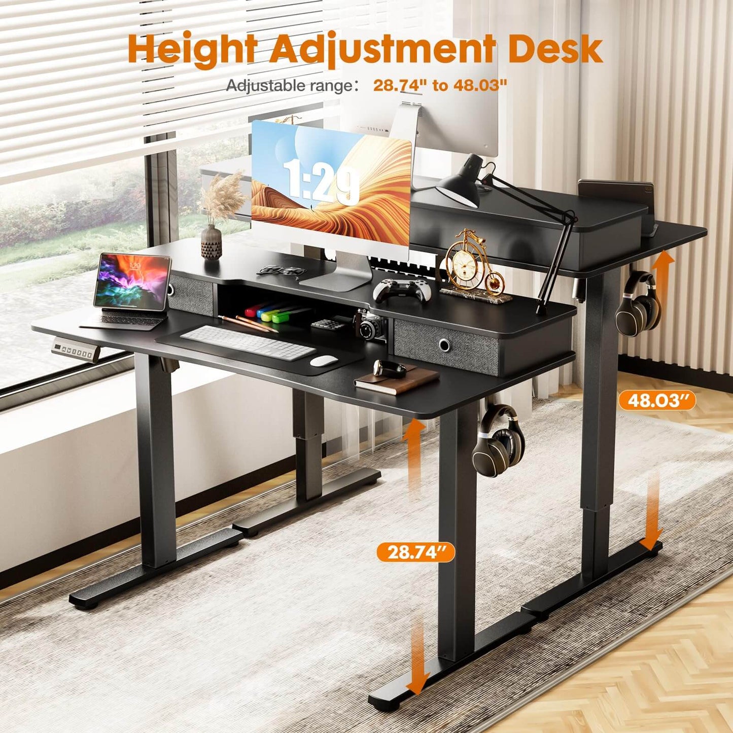 Electric Height Adjustable Standing Desk with Storage Shelf Double Drawer,  Sit to Stand Ergonomic Computer Desk