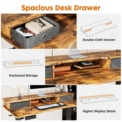 Electric Height Adjustable Standing Desk with Storage Shelf Double Drawer,  Sit to Stand Ergonomic Computer Desk