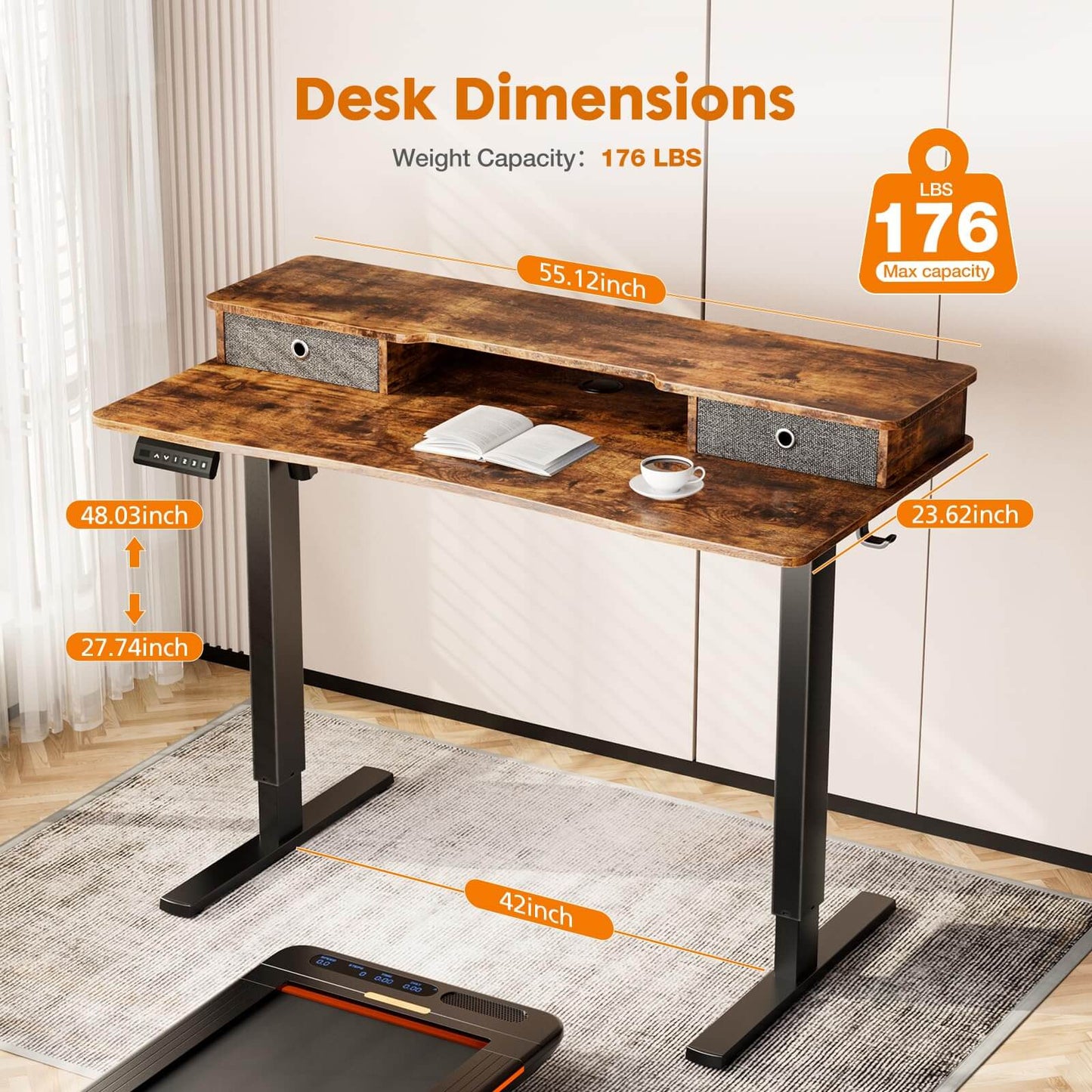 Electric Height Adjustable Standing Desk with Storage Shelf Double Drawer,  Sit to Stand Ergonomic Computer Desk