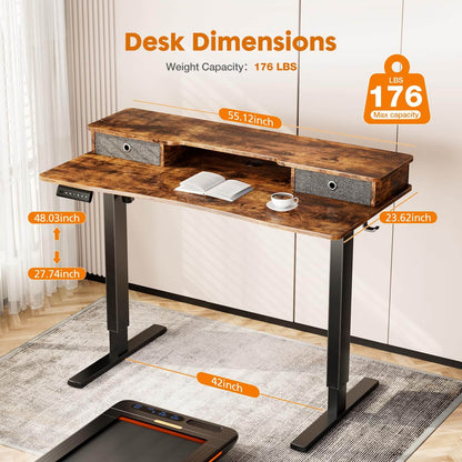 Electric Height Adjustable Standing Desk with Storage Shelf Double Drawer,  Sit to Stand Ergonomic Computer Desk