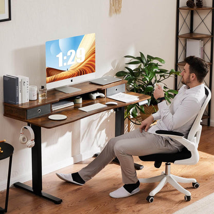 Electric Height Adjustable Standing Desk with Storage Shelf Double Drawer,  Sit to Stand Ergonomic Computer Desk