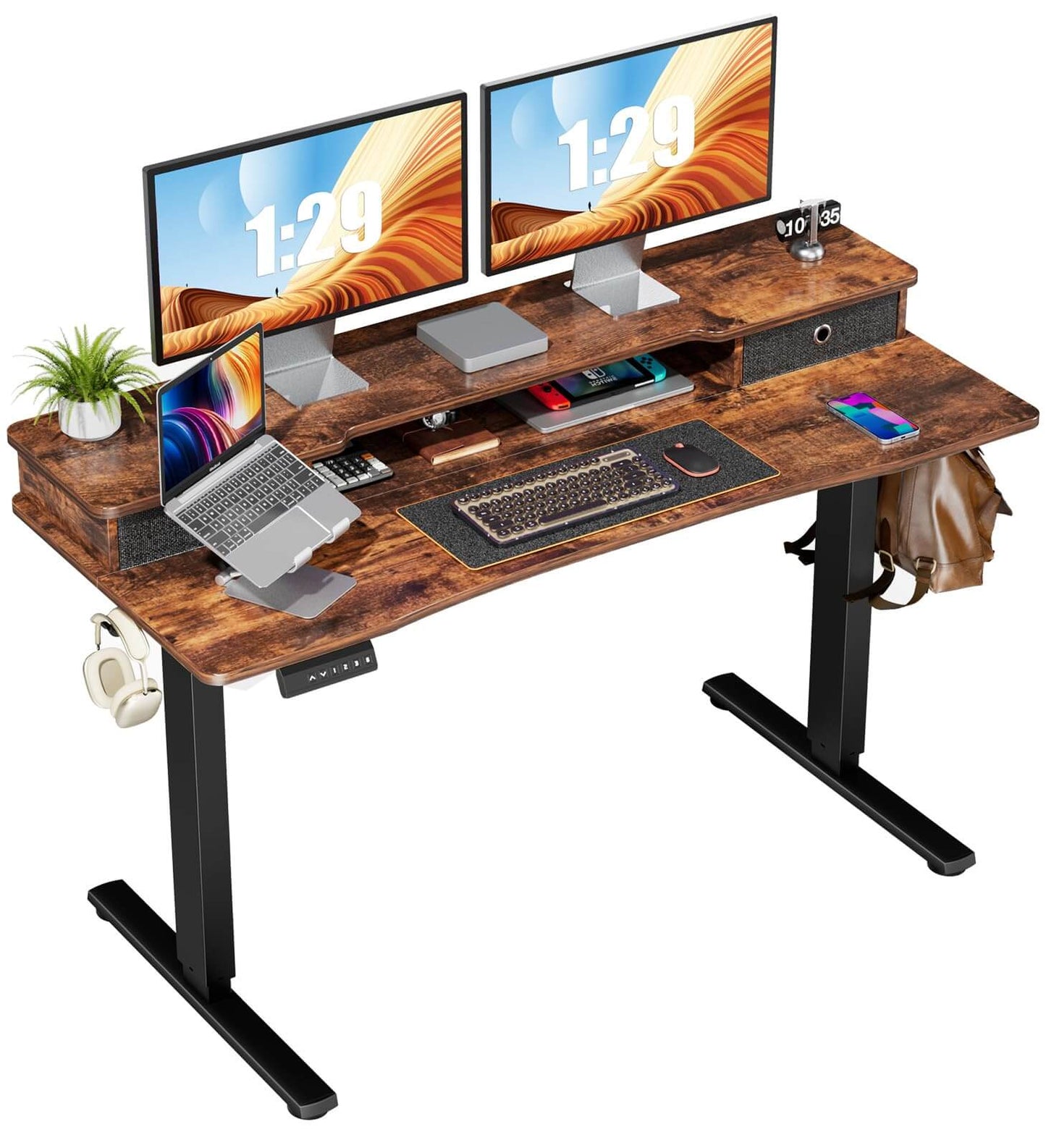 Electric Height Adjustable Standing Desk with Storage Shelf Double Drawer,  Sit to Stand Ergonomic Computer Desk