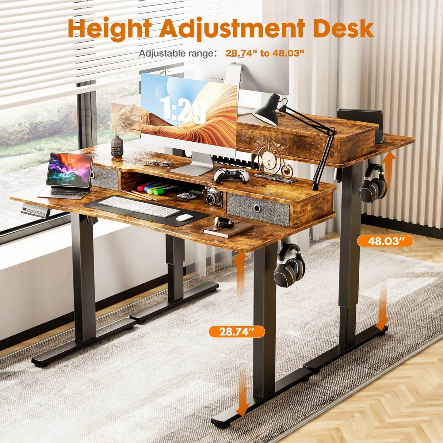Electric Height Adjustable Standing Desk with Storage Shelf Double Drawer,  Sit to Stand Ergonomic Computer Desk