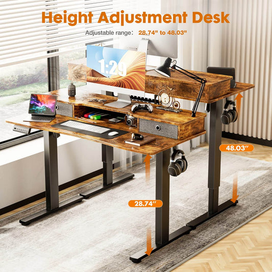 Electric Height Adjustable Standing Desk with Storage Shelf Double Drawer,  Sit to Stand Ergonomic Computer Desk