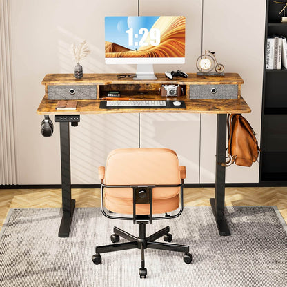 Electric Height Adjustable Standing Desk with Storage Shelf Double Drawer,  Sit to Stand Ergonomic Computer Desk