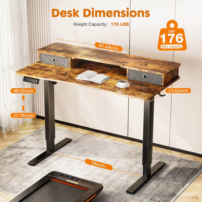 Electric Height Adjustable Standing Desk with Storage Shelf Double Drawer,  Sit to Stand Ergonomic Computer Desk
