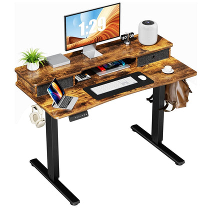 Electric Height Adjustable Standing Desk with Storage Shelf Double Drawer,  Sit to Stand Ergonomic Computer Desk