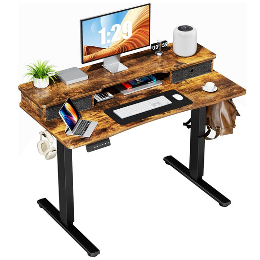 Electric Height Adjustable Standing Desk with Storage Shelf Double Drawer,  Sit to Stand Ergonomic Computer Desk