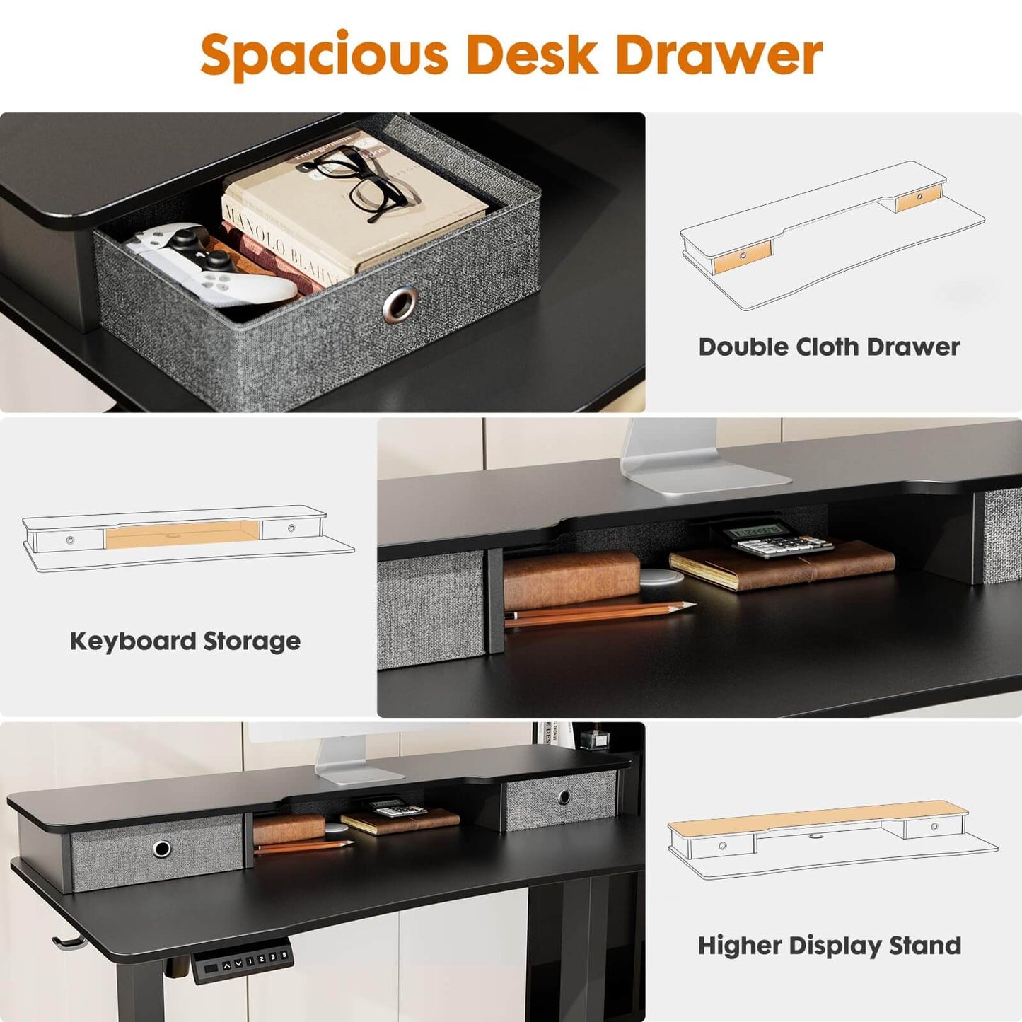 Electric Height Adjustable Standing Desk with Storage Shelf Double Drawer,  Sit to Stand Ergonomic Computer Desk