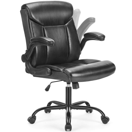 Sweetcrispy Leather Ergonomic Adjustable Computer Office Chair with Flip-up Armrest, Cushion Lumbar Back Support
