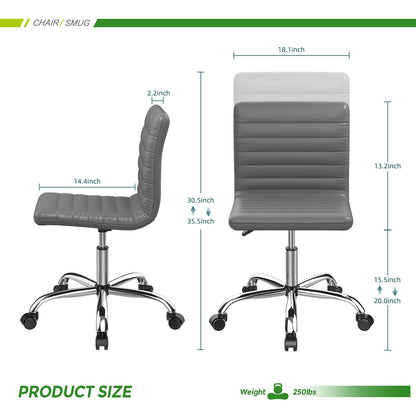 Leather Swivel Armless Mid Back Ribbed Office Chair for Adult Child, Height adjustable Vanity Chair