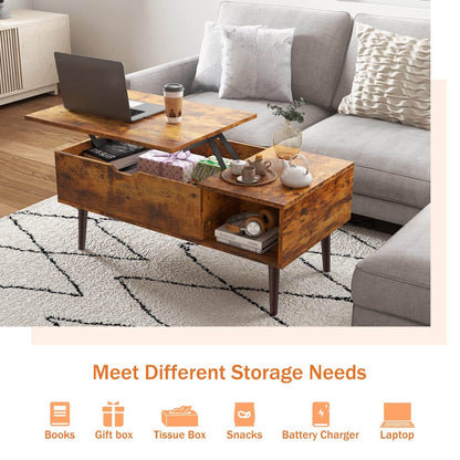 Lift Tabletop Coffee Tables for Living Room with Storage Shelf and Hidden Compartment