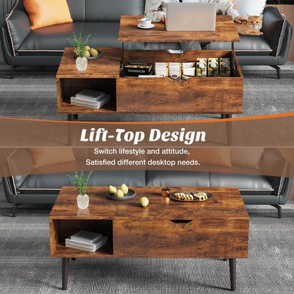Lift Tabletop Coffee Tables for Living Room with Storage Shelf and Hidden Compartment