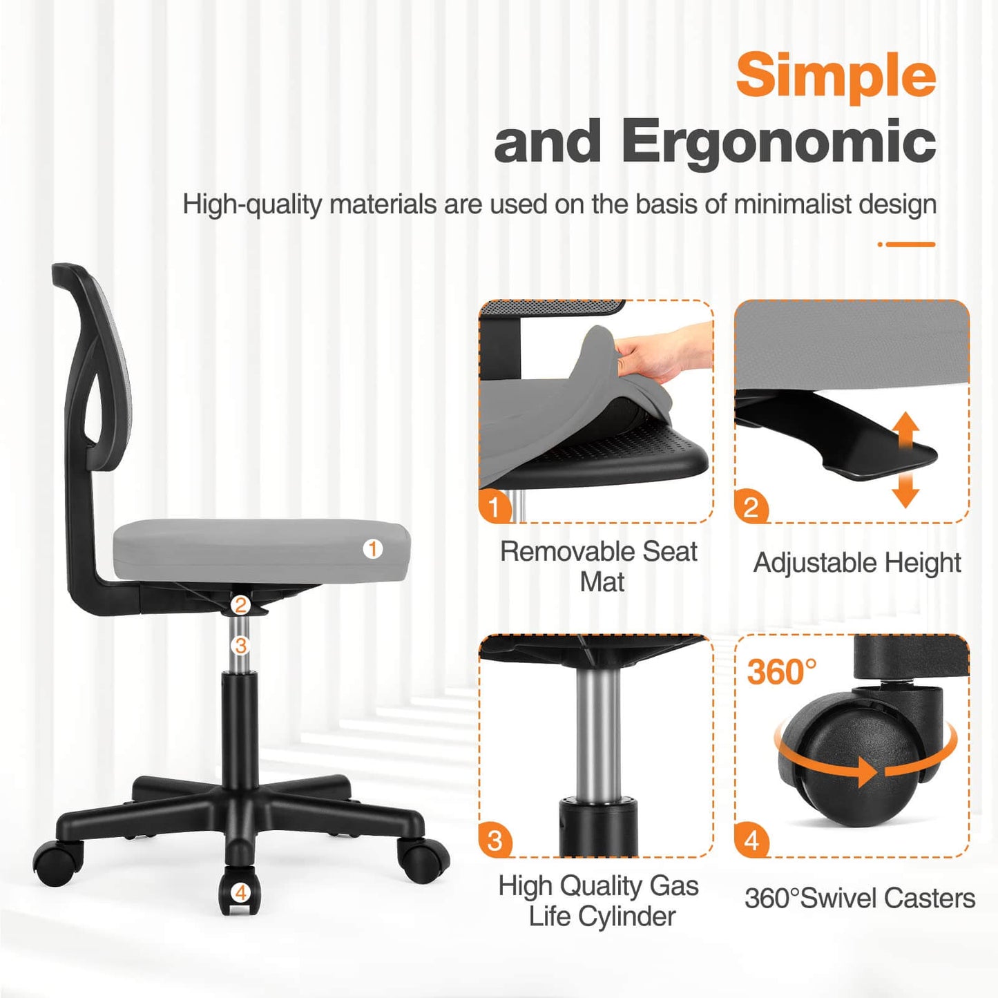 Low-Back Mesh Armless Office Chair,Swivel Rolling Computer Chair No Arms with Lumbar Support