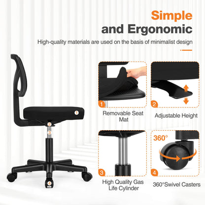 Low-Back Mesh Armless Office Chair,Swivel Rolling Computer Chair No Arms with Lumbar Support