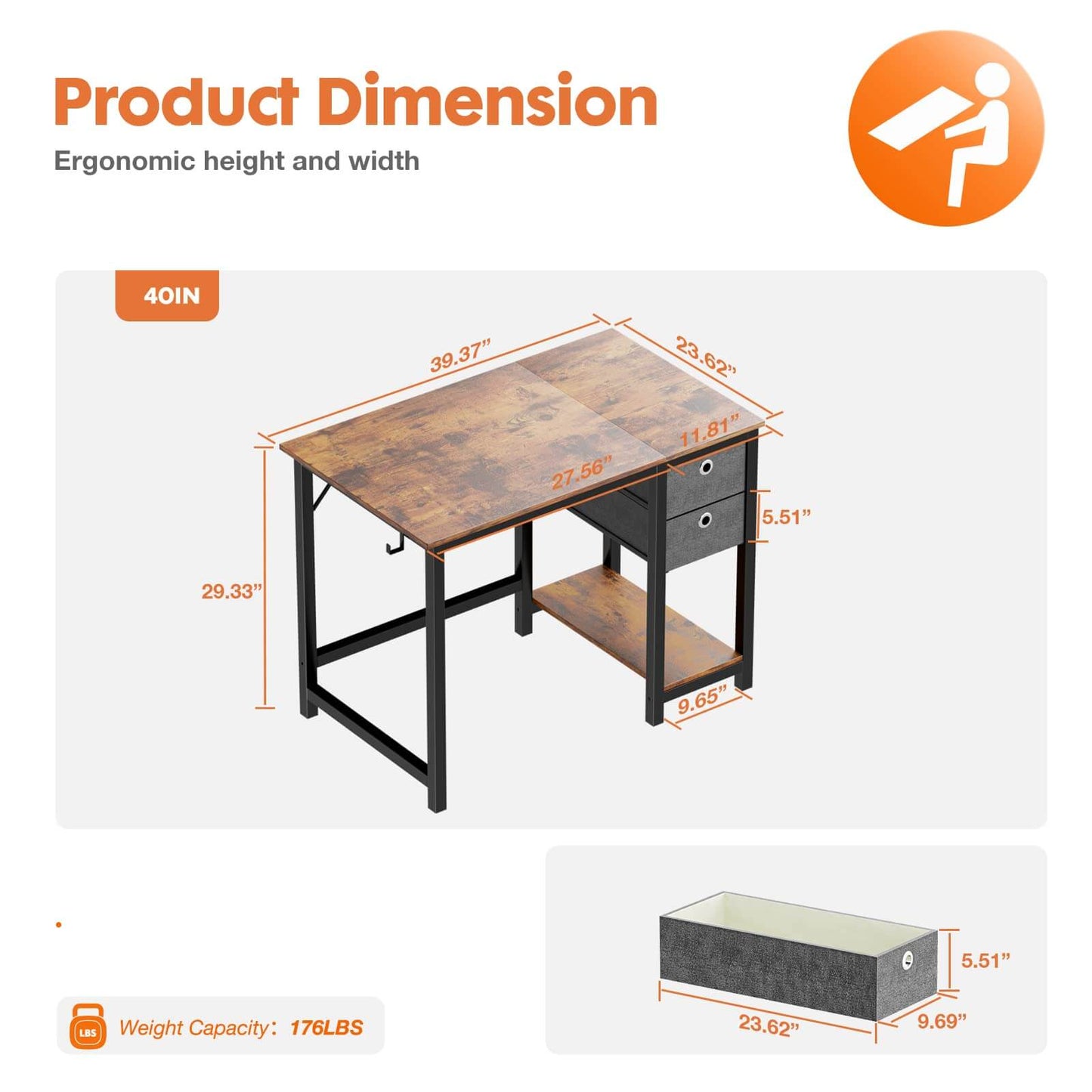 Modern Simple Style Home Office Writing Desk with 2-Tier Drawers Storage Shelf Headphone Hook