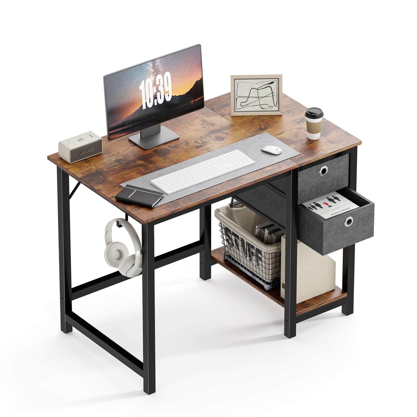 Modern Simple Style Home Office Writing Desk with 2-Tier Drawers Storage Shelf Headphone Hook