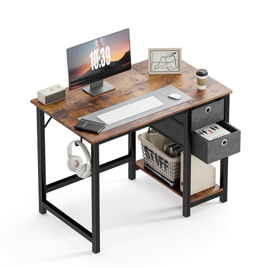Modern Simple Style Home Office Writing Desk with 2-Tier Drawers Storage Shelf Headphone Hook