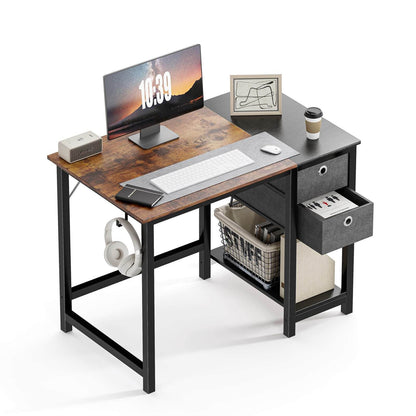 Modern Simple Style Home Office Writing Desk with 2-Tier Drawers Storage Shelf Headphone Hook
