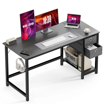 Modern Simple Style Home Office Writing Desk with 2-Tier Drawers Storage Shelf Headphone Hook