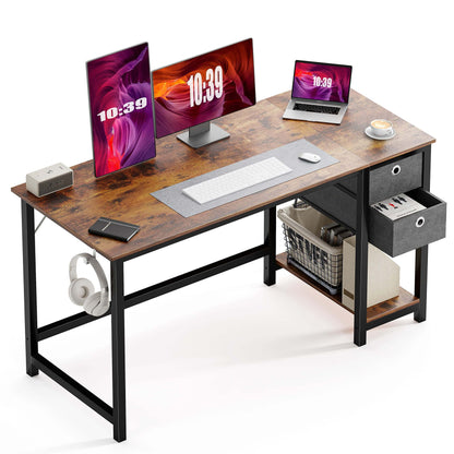 Modern Simple Style Home Office Writing Desk with 2-Tier Drawers Storage Shelf Headphone Hook