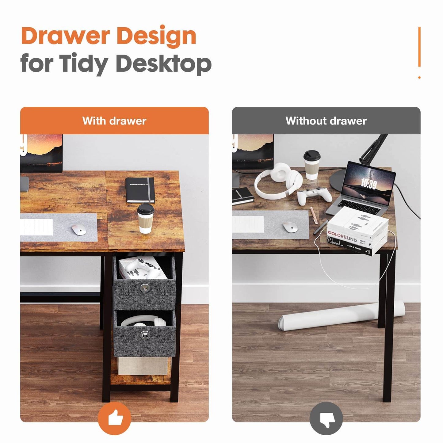 Modern Simple Style Home Office Writing Desk with 2-Tier Drawers Storage Shelf Headphone Hook