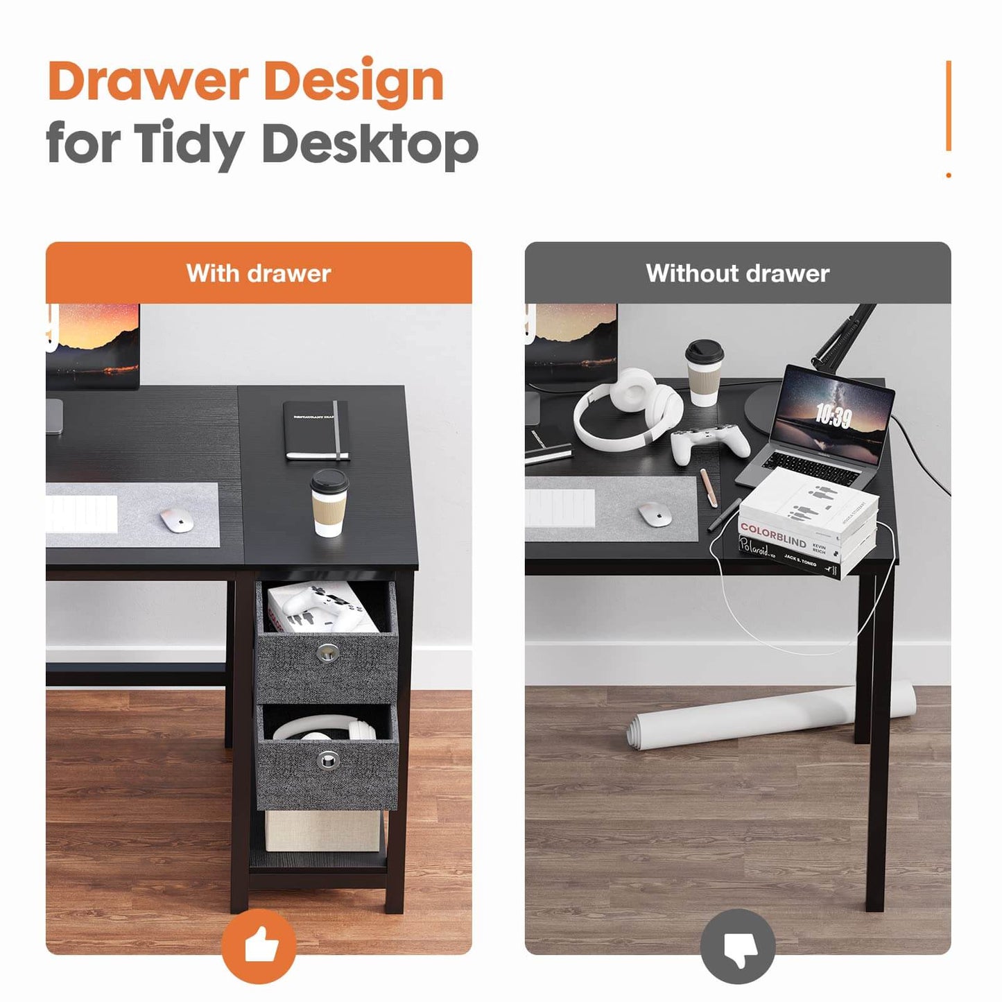Modern Simple Style Home Office Writing Desk with 2-Tier Drawers Storage Shelf Headphone Hook