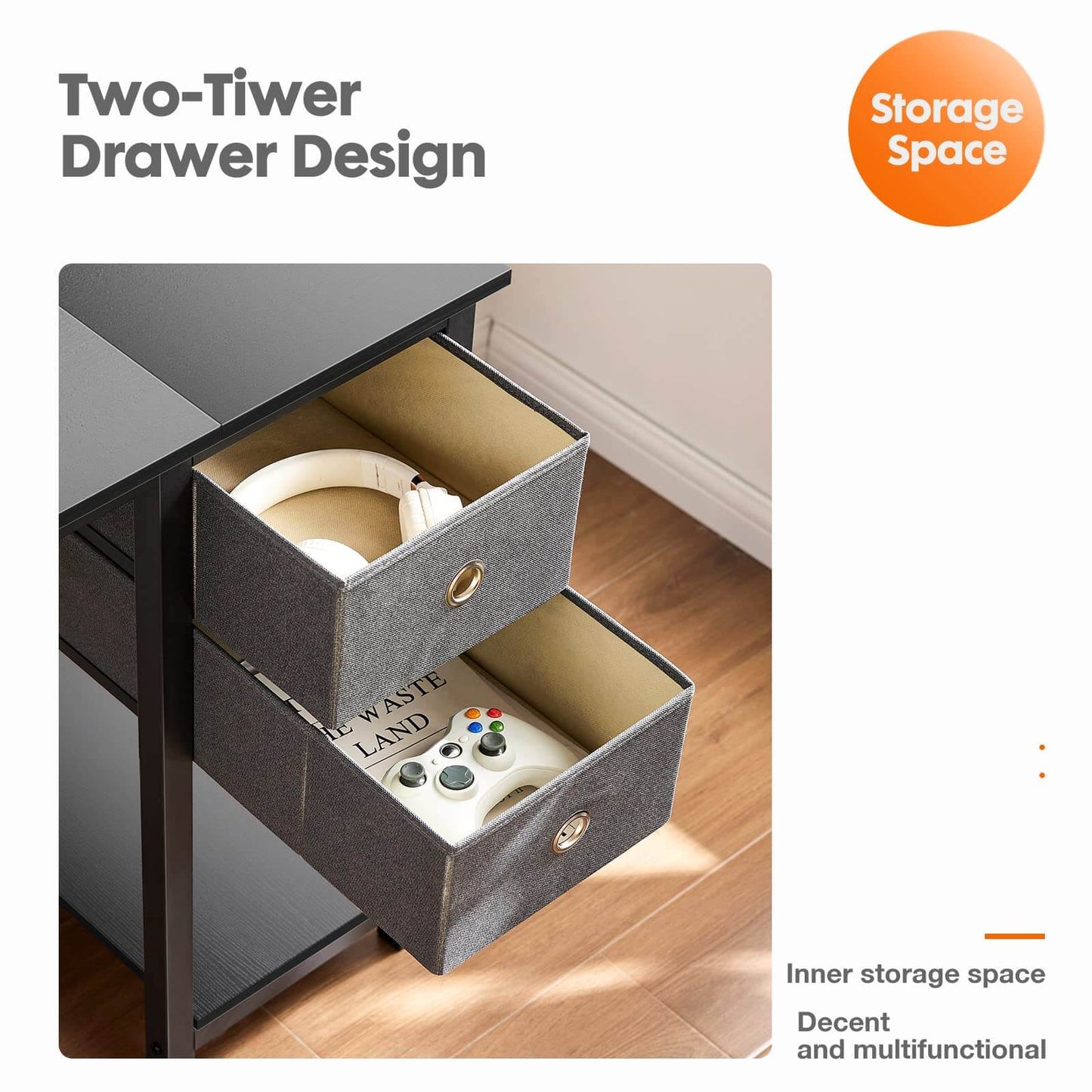 Modern Simple Style Home Office Writing Desk with 2-Tier Drawers Storage Shelf Headphone Hook