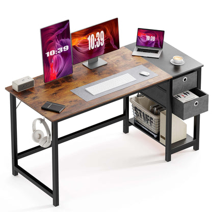 Modern Simple Style Home Office Writing Desk with 2-Tier Drawers Storage Shelf Headphone Hook