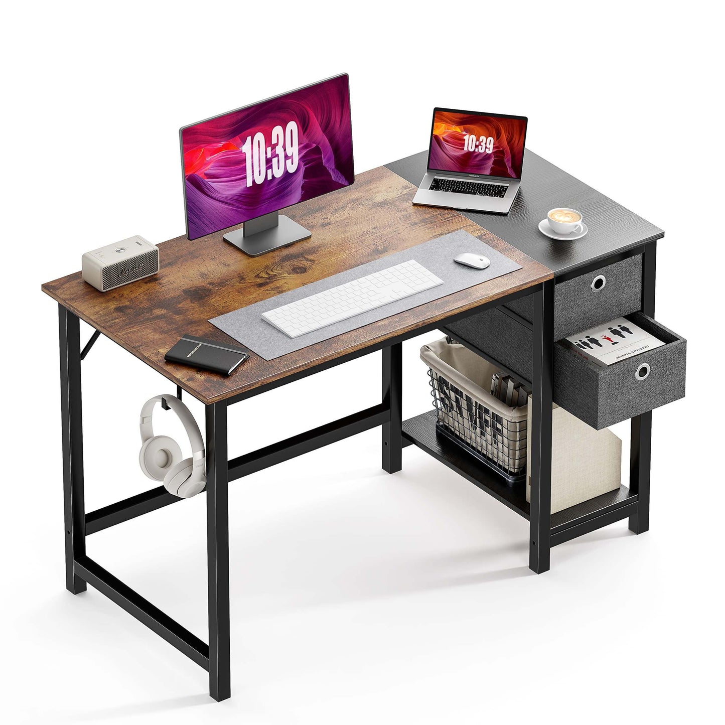 Modern Simple Style Home Office Writing Desk with 2-Tier Drawers Storage Shelf Headphone Hook