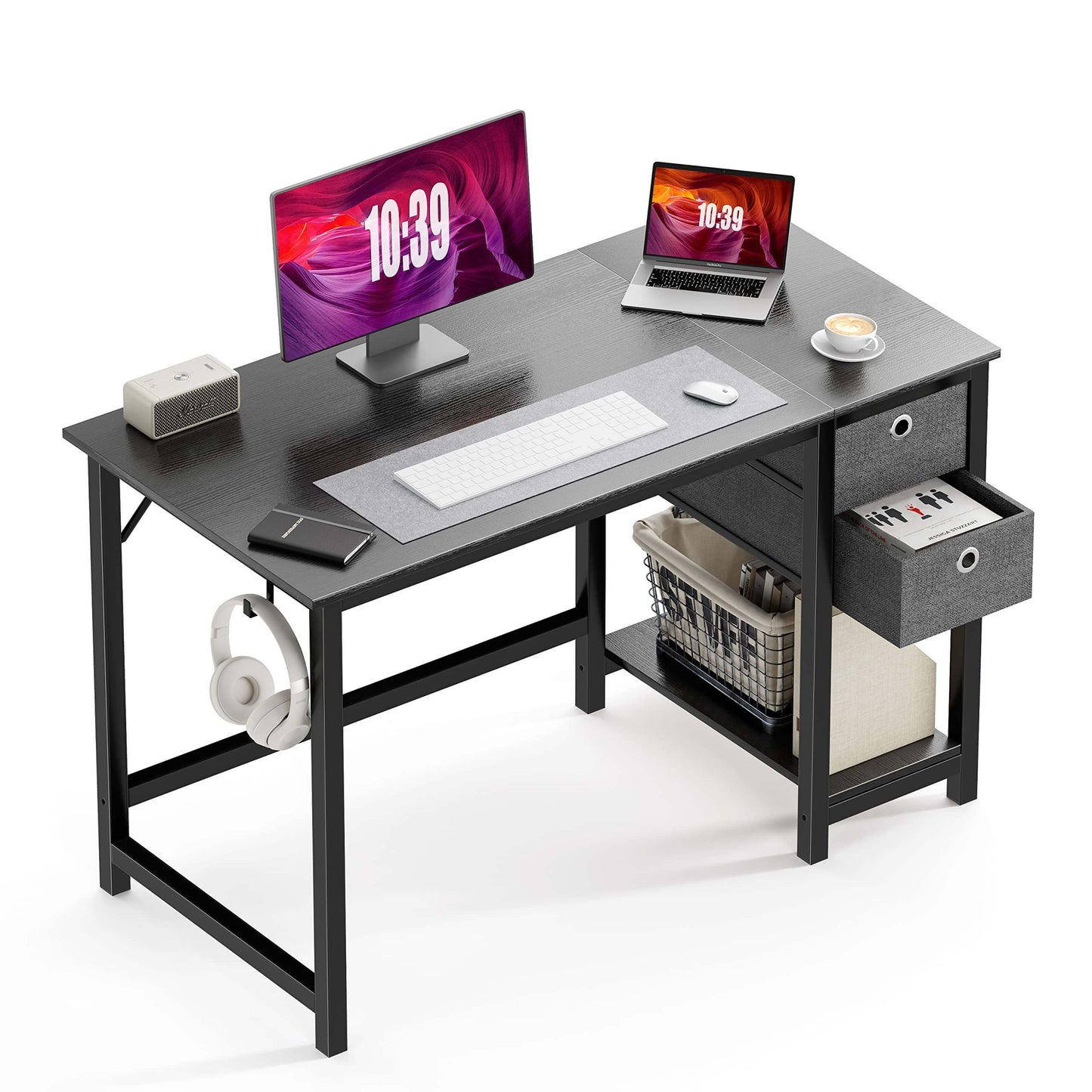 Modern Simple Style Home Office Writing Desk with 2-Tier Drawers Storage Shelf Headphone Hook