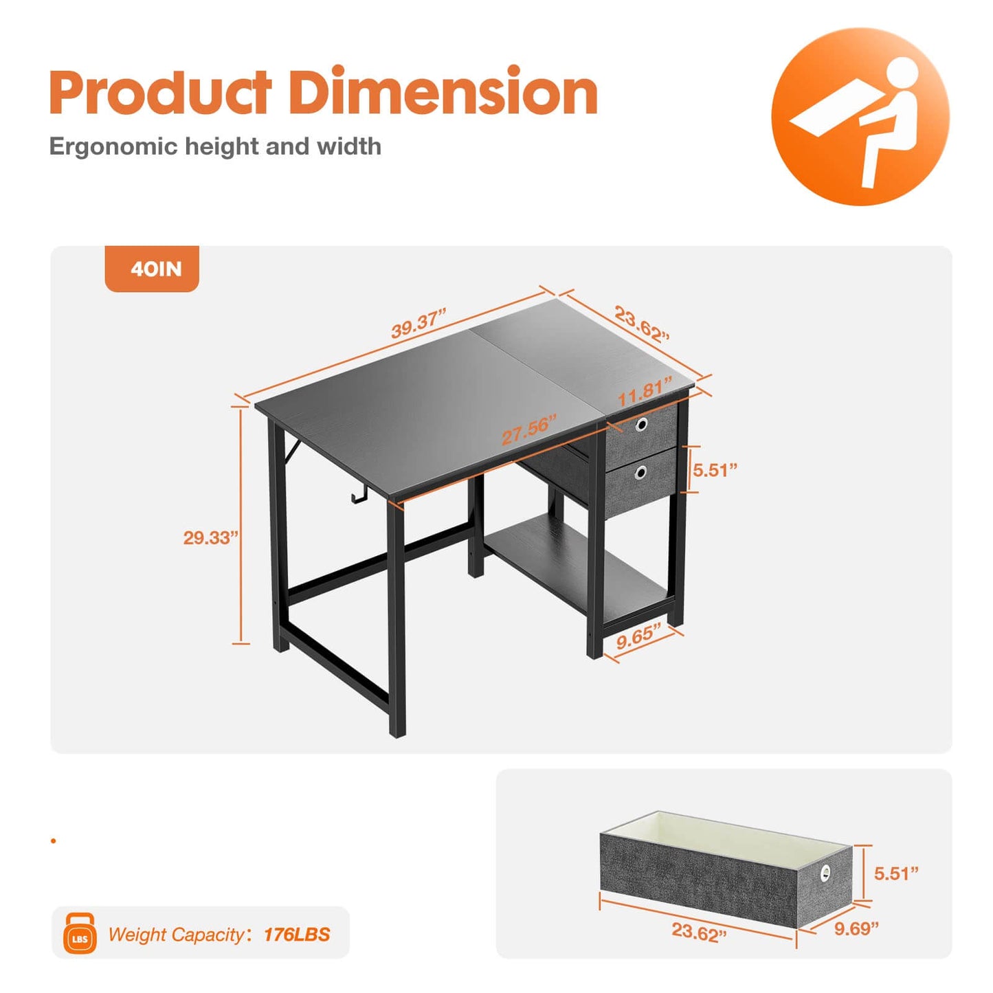 Modern Simple Style Home Office Writing Desk with 2-Tier Drawers Storage Shelf Headphone Hook