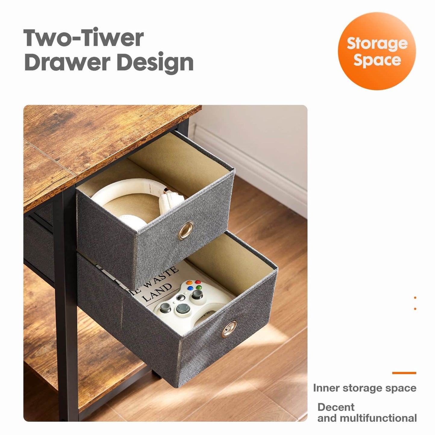 Modern Simple Style Home Office Writing Desk with 2-Tier Drawers Storage Shelf Headphone Hook