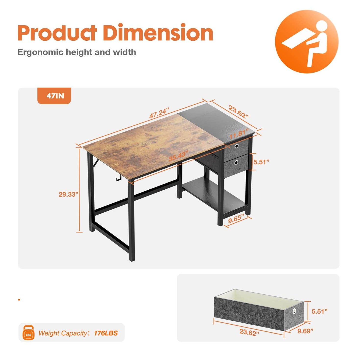 Modern Simple Style Home Office Writing Desk with 2-Tier Drawers Storage Shelf Headphone Hook