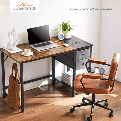 Modern Simple Style Home Office Writing Desk with 2-Tier Drawers Storage Shelf Headphone Hook