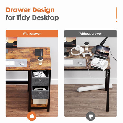 Modern Simple Style Home Office Writing Desk with 2-Tier Drawers Storage Shelf Headphone Hook