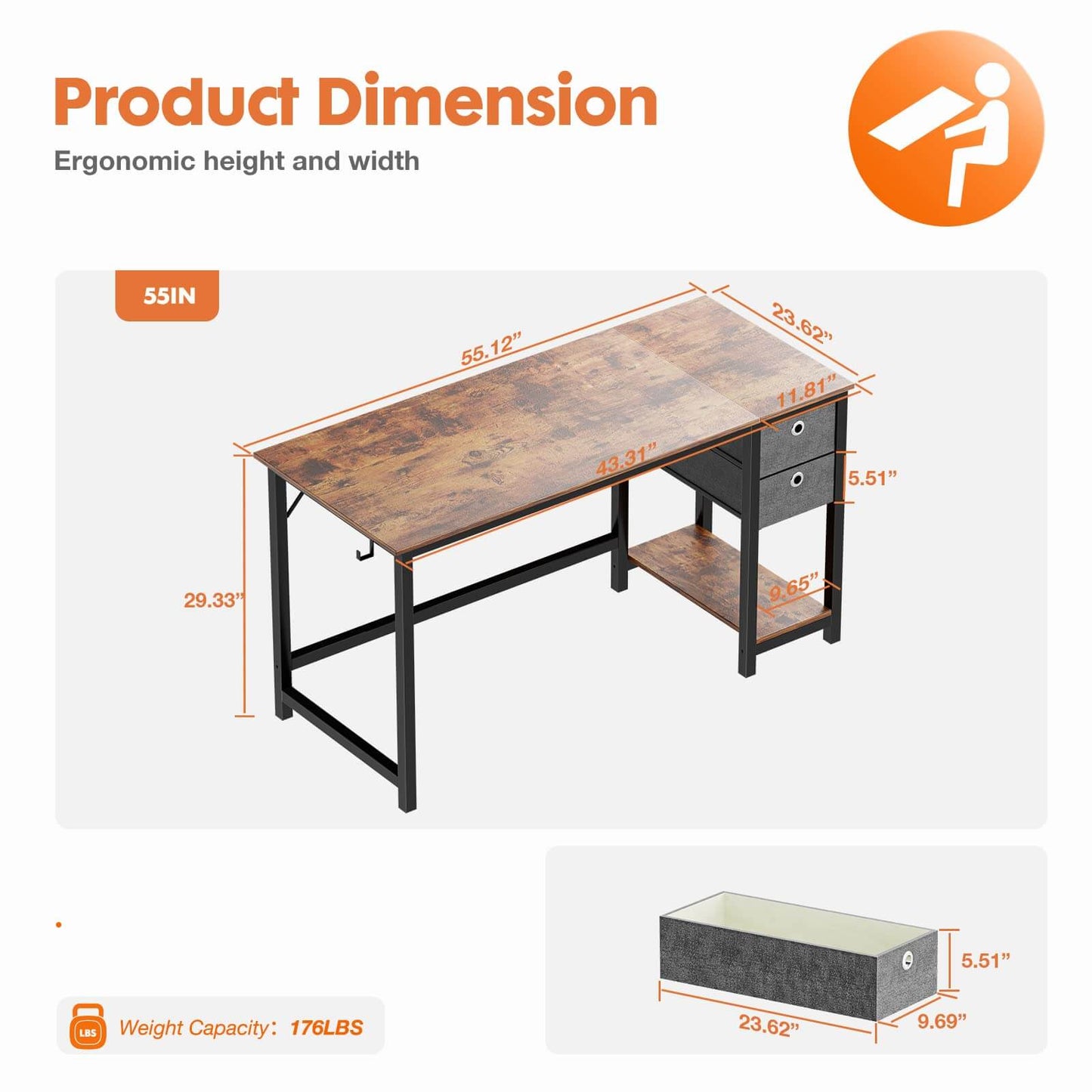 Modern Simple Style Home Office Writing Desk with 2-Tier Drawers Storage Shelf Headphone Hook