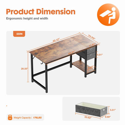 Modern Simple Style Home Office Writing Desk with 2-Tier Drawers Storage Shelf Headphone Hook