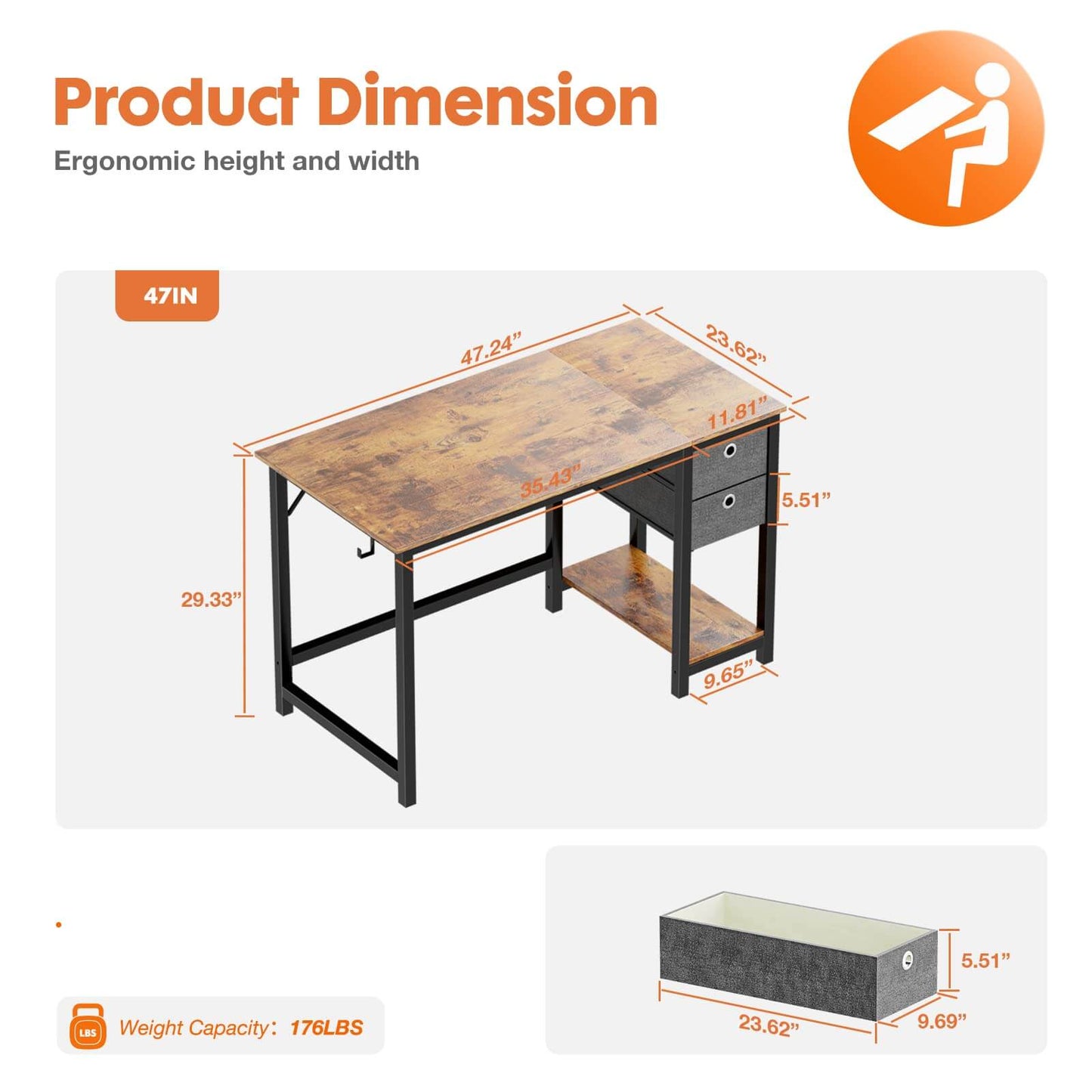 Modern Simple Style Home Office Writing Desk with 2-Tier Drawers Storage Shelf Headphone Hook