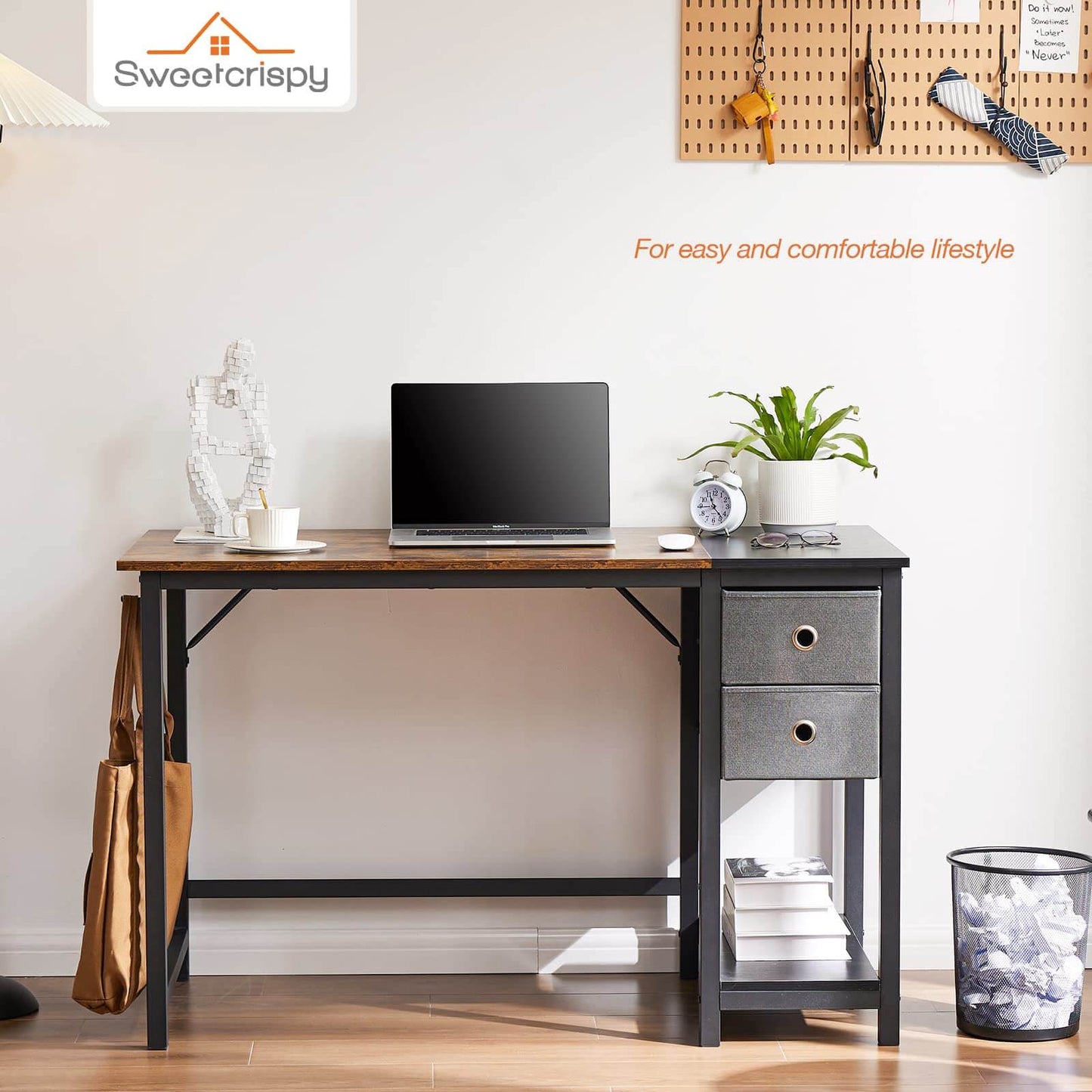 Modern Simple Style Home Office Writing Desk with 2-Tier Drawers Storage Shelf Headphone Hook