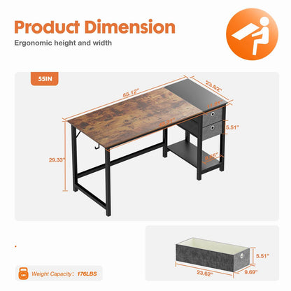 Modern Simple Style Home Office Writing Desk with 2-Tier Drawers Storage Shelf Headphone Hook