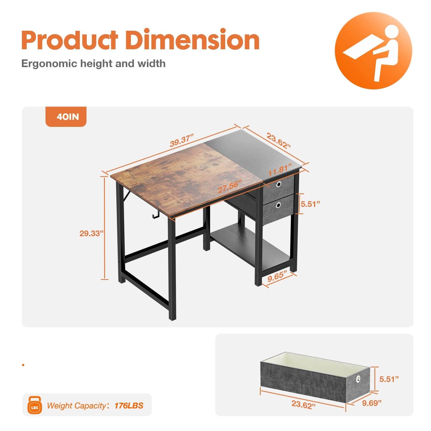 Modern Simple Style Home Office Writing Desk with 2-Tier Drawers Storage Shelf Headphone Hook