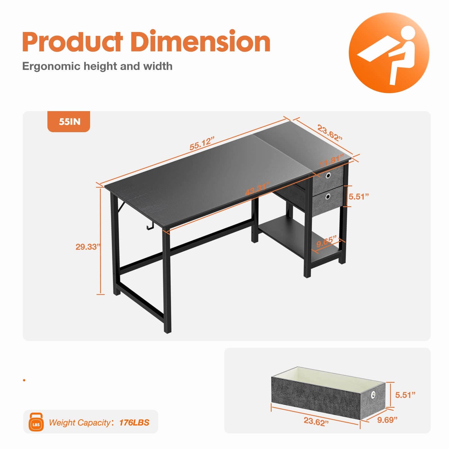 Modern Simple Style Home Office Writing Desk with 2-Tier Drawers Storage Shelf Headphone Hook