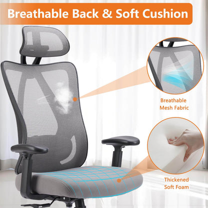 Ergonomic Office Chair with 2D Armrest Adjustable Lumbar Support & Headrest,135°Tilt Function